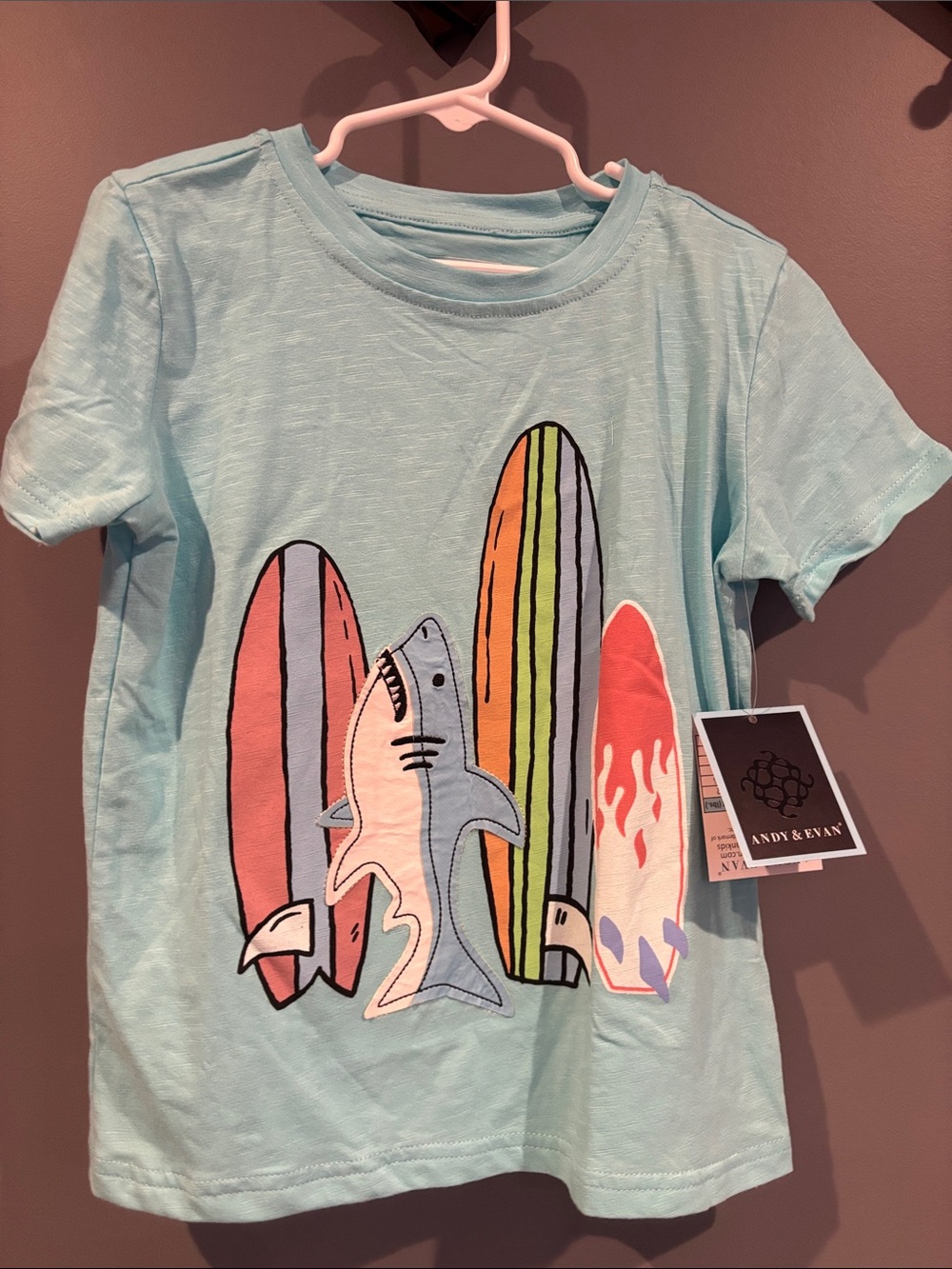 Andy & Evan Light Blue Shark & Surfboard Tee with Multicolor Print
